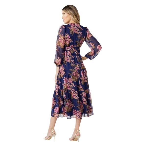 Sofia Jean Cutout Midi Floral Bouquet Balloon Sleeve V-Neck Blue Dress Size L - Picture 2 of 14